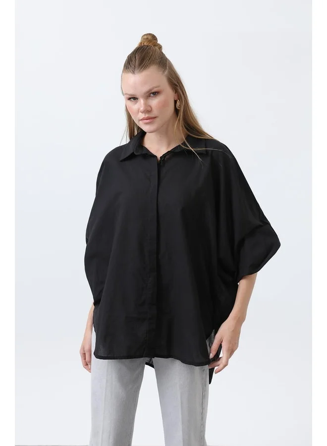 Loreen Women's Ruffle Oversize Cotton Poplin Shirt-20665GML - BLACK.
