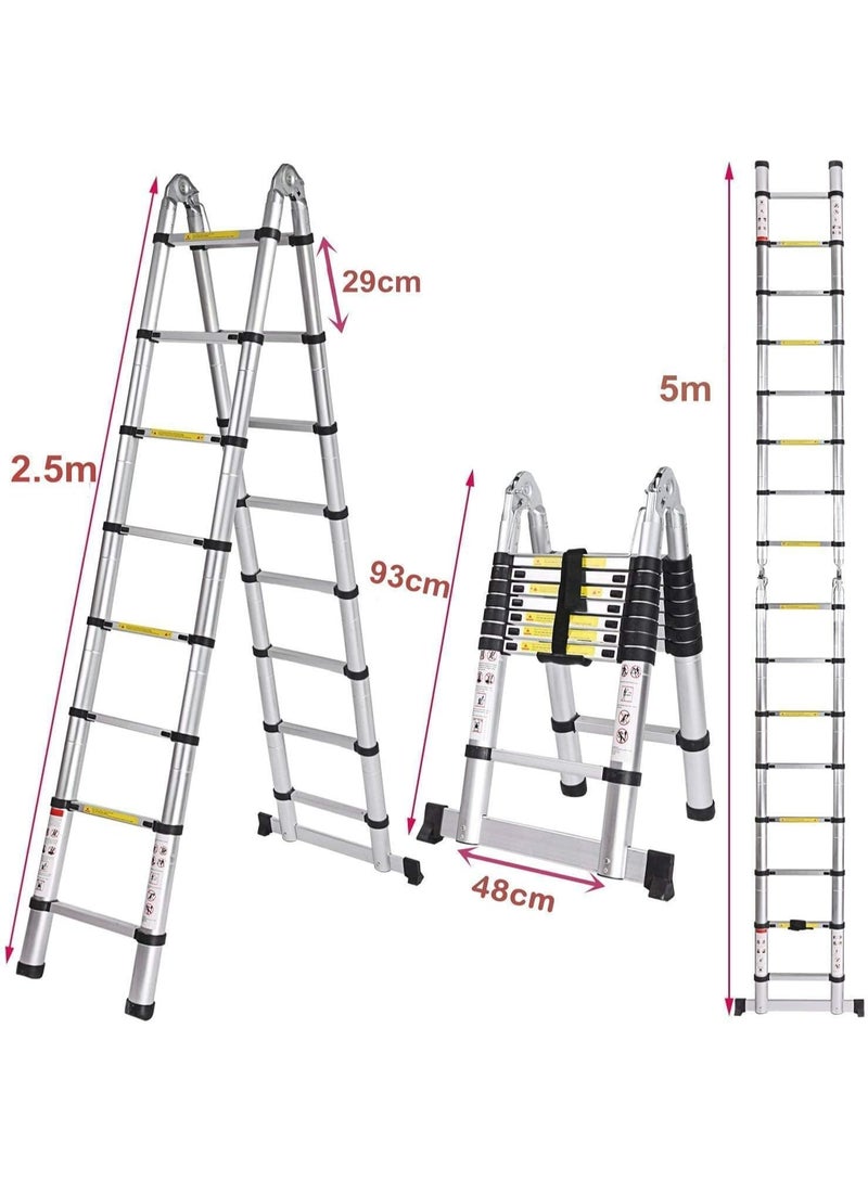 5M Telescopic Aluminum Ladder – Foldable & Extendable – Heavy-Duty Load Capacity 150kg – Silver – Ideal for Home & Professional Use - Image 2