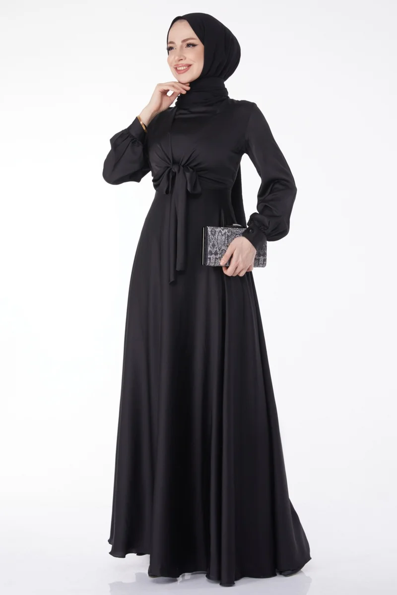Tofisa Plain Judge Collar Women's Black Front Tie Evening Dress - 25342