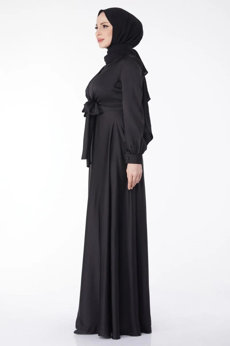 Tofisa Plain Judge Collar Women's Black Front Tie Evening Dress - 25342