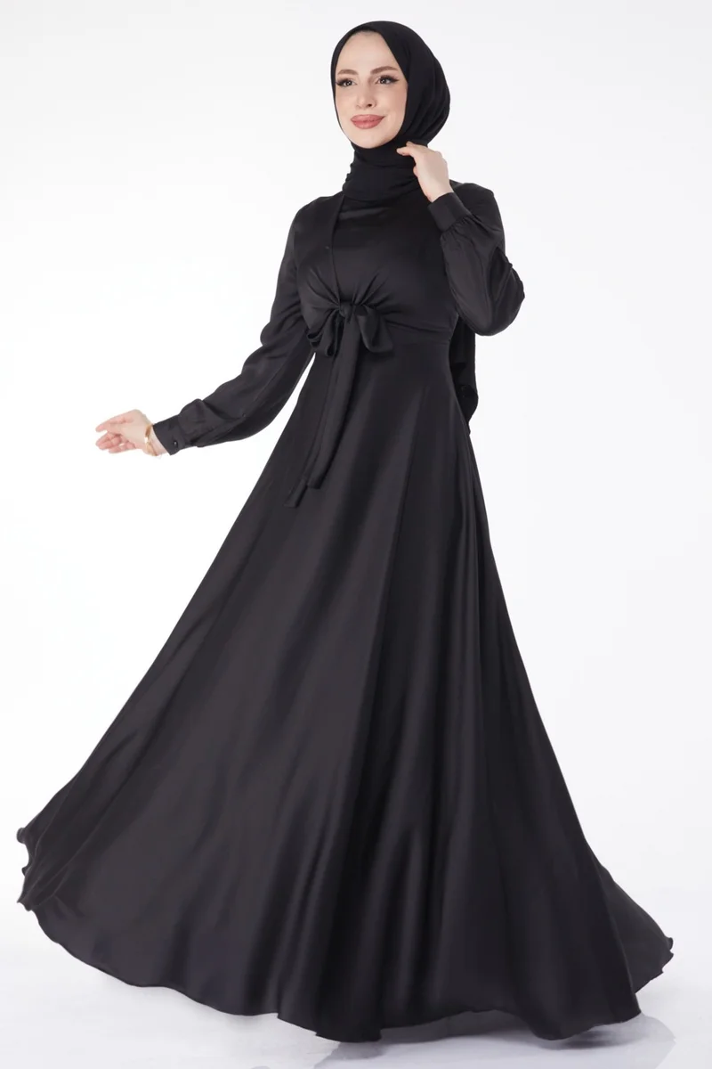 Tofisa Plain Judge Collar Women's Black Front Tie Evening Dress - 25342