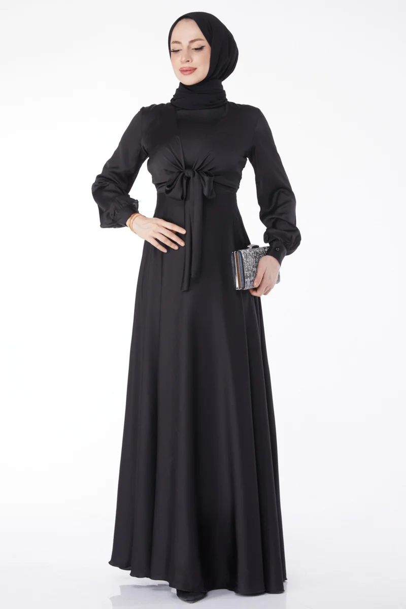 Tofisa Plain Judge Collar Women's Black Front Tie Evening Dress - 25342