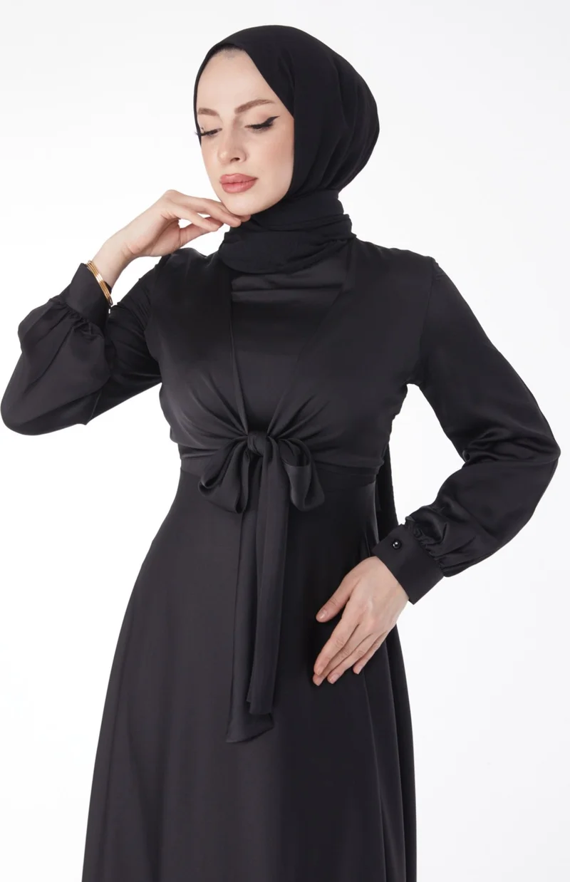 Tofisa Plain Judge Collar Women's Black Front Tie Evening Dress - 25342