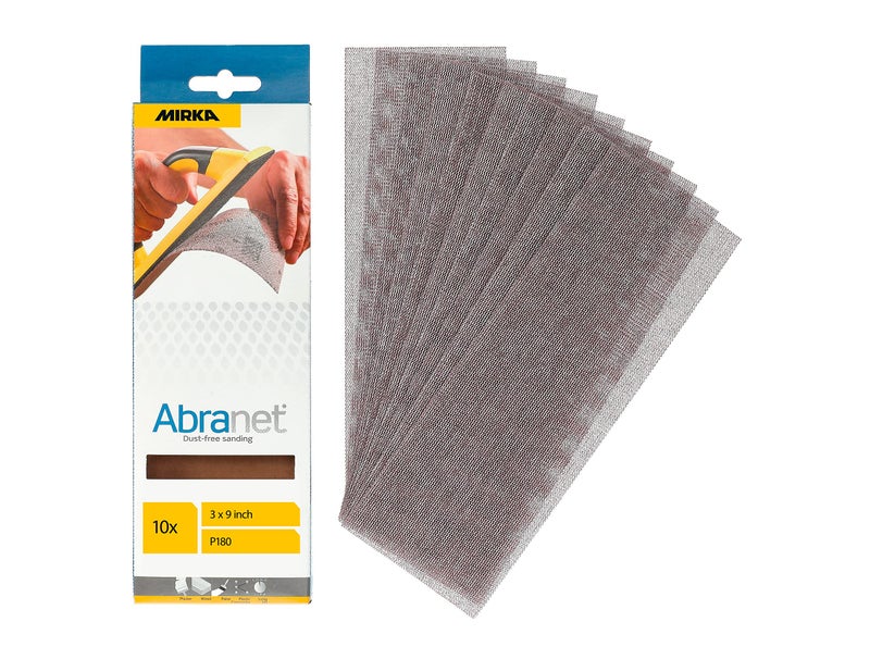 Mirka Abranet Net Sheets 3 x 9 inch/Grit 180 / Mesh Sandpaper Sanding Sheet Hook and Loop / 10 pcs / 9A-175-180RP - Image 1