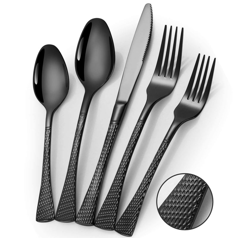 Lemeya Hammered Black Silverware Set,20 Piece Modern Flatware Set Service for 4,Mirror Polished Stainless Steel Cutlery Set Utensil Set Tableware Set,Kitchen Knives Forks Spoons Set,Dishwasher Safe - Image 1