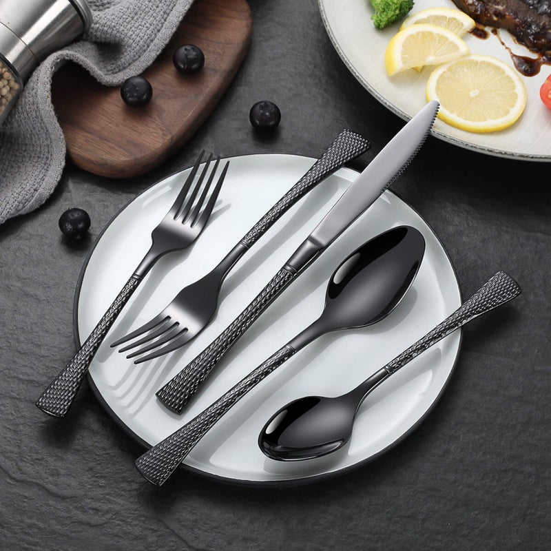 Lemeya Hammered Black Silverware Set,20 Piece Modern Flatware Set Service for 4,Mirror Polished Stainless Steel Cutlery Set Utensil Set Tableware Set,Kitchen Knives Forks Spoons Set,Dishwasher Safe - Image 3