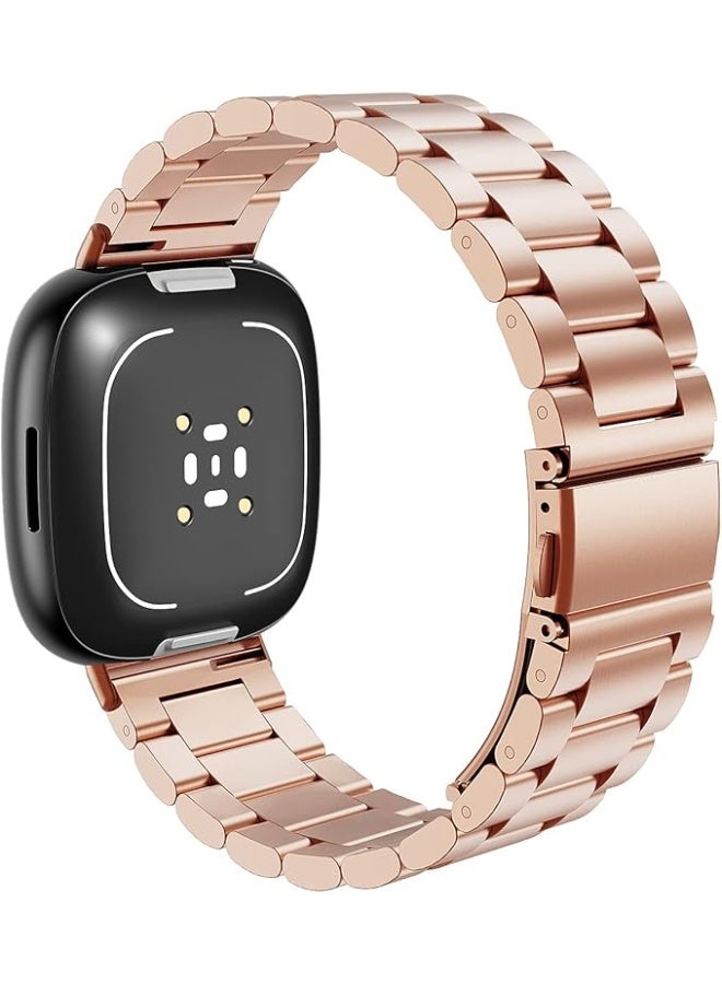 أحزمة ساعات بديلة من الفولاذ المقاوم للصدأ للرجال والنساء، أحزمة إكسسوارات لـ Fitbit ersa 4/ersa 3 Band sense (ذهبي وردي)