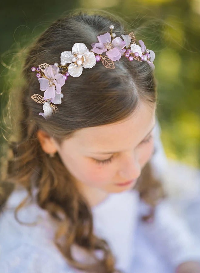 Campsis LED Flower Girl Headpiece Glowing Pearl Princess Light up Headband for Wedding Leaf Floral Crystals Frist Communion Hair Accessories Prom Birthday for Girls (Gold) - Image 2