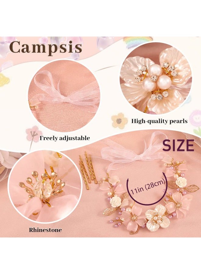 Campsis LED Flower Girl Headpiece Glowing Pearl Princess Light up Headband for Wedding Leaf Floral Crystals Frist Communion Hair Accessories Prom Birthday for Girls (Gold) - Image 4