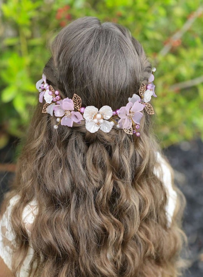 Campsis LED Flower Girl Headpiece Glowing Pearl Princess Light up Headband for Wedding Leaf Floral Crystals Frist Communion Hair Accessories Prom Birthday for Girls (Gold) - Image 3