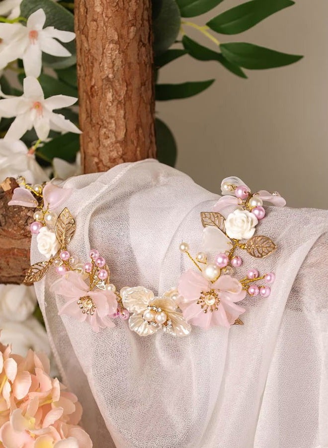 Campsis LED Flower Girl Headpiece Glowing Pearl Princess Light up Headband for Wedding Leaf Floral Crystals Frist Communion Hair Accessories Prom Birthday for Girls (Gold) - Image 5