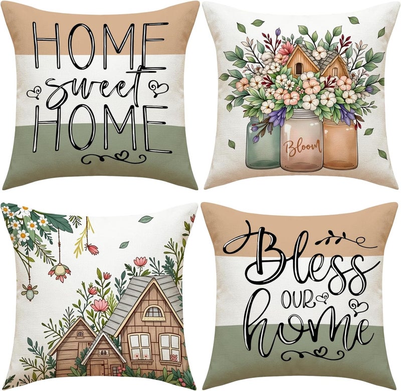 F Finerease Farmhouse Floral Throw Pillow Cover - 18 x 18 Summer Garden Pillowcase - 4 Pack Home Sweet Home Pillow Cover, Great for Couch Chair Yard Living Room Outdoor Decor(Colourful-02, 18"x18") - Image 1