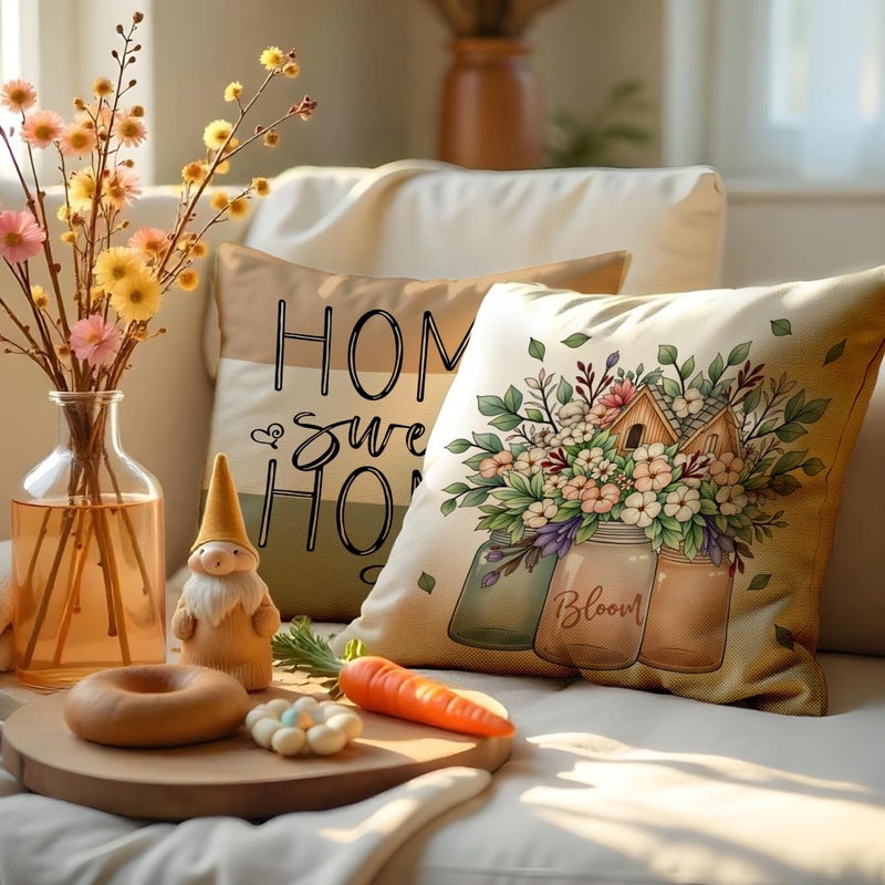 F Finerease Farmhouse Floral Throw Pillow Cover - 18 x 18 Summer Garden Pillowcase - 4 Pack Home Sweet Home Pillow Cover, Great for Couch Chair Yard Living Room Outdoor Decor(Colourful-02, 18"x18") - Image 2