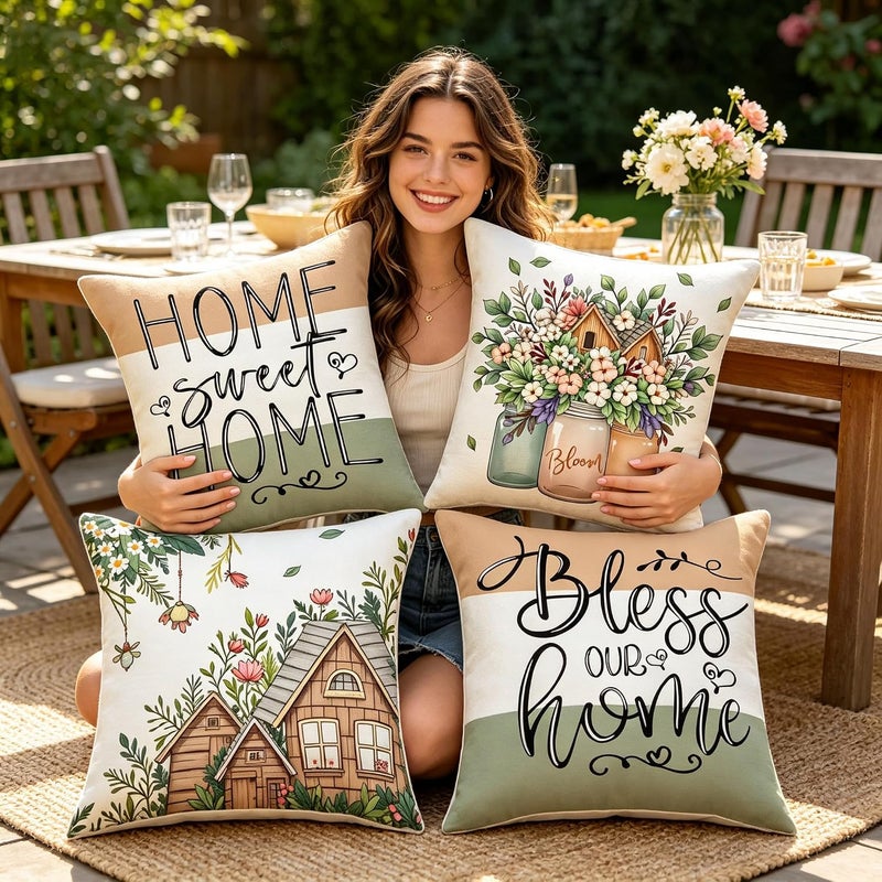 F Finerease Farmhouse Floral Throw Pillow Cover - 18 x 18 Summer Garden Pillowcase - 4 Pack Home Sweet Home Pillow Cover, Great for Couch Chair Yard Living Room Outdoor Decor(Colourful-02, 18"x18") - Image 4
