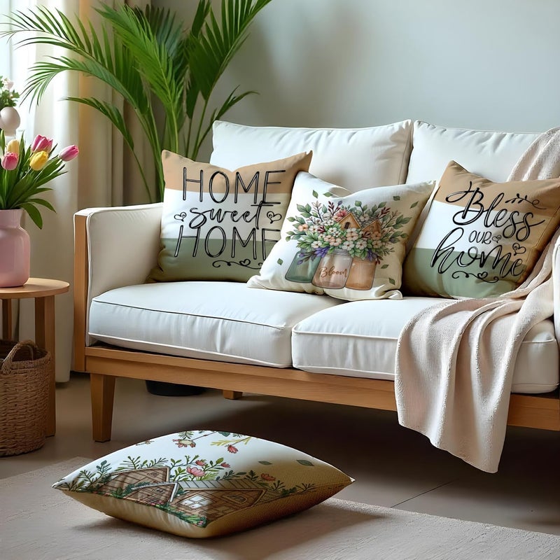 F Finerease Farmhouse Floral Throw Pillow Cover - 18 x 18 Summer Garden Pillowcase - 4 Pack Home Sweet Home Pillow Cover, Great for Couch Chair Yard Living Room Outdoor Decor(Colourful-02, 18"x18") - Image 3