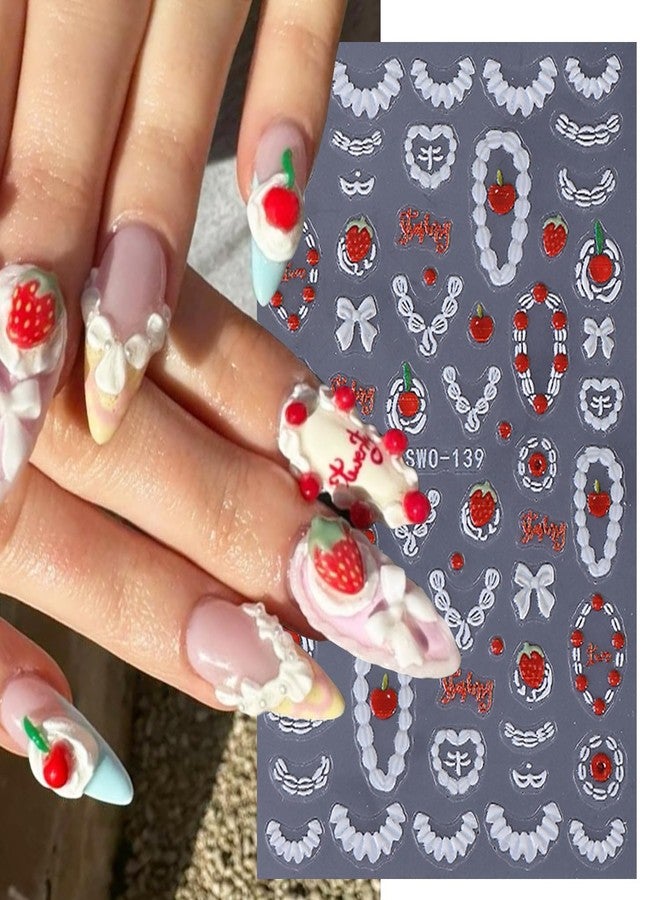 FDSQHSA 2 Sheets Cute Nail Stickers for Nail Art Embossed Cream Cake Nail Art Stickers 5D Bow Rose Flower Nail Decals Self-Adhesive Strawberry Cherry Nail Design Decals for Women Acrylic Nails Decoration - Image 3