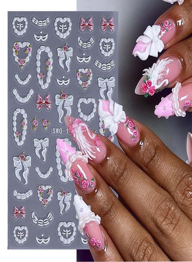 FDSQHSA 2 Sheets Cute Nail Stickers for Nail Art Embossed Cream Cake Nail Art Stickers 5D Bow Rose Flower Nail Decals Self-Adhesive Strawberry Cherry Nail Design Decals for Women Acrylic Nails Decoration - Image 2