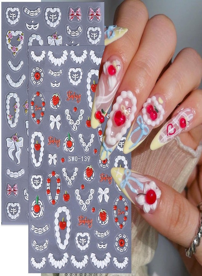 FDSQHSA 2 Sheets Cute Nail Stickers for Nail Art Embossed Cream Cake Nail Art Stickers 5D Bow Rose Flower Nail Decals Self-Adhesive Strawberry Cherry Nail Design Decals for Women Acrylic Nails Decoration - Image 1