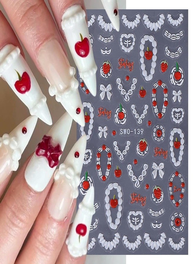 FDSQHSA 2 Sheets Cute Nail Stickers for Nail Art Embossed Cream Cake Nail Art Stickers 5D Bow Rose Flower Nail Decals Self-Adhesive Strawberry Cherry Nail Design Decals for Women Acrylic Nails Decoration - Image 5
