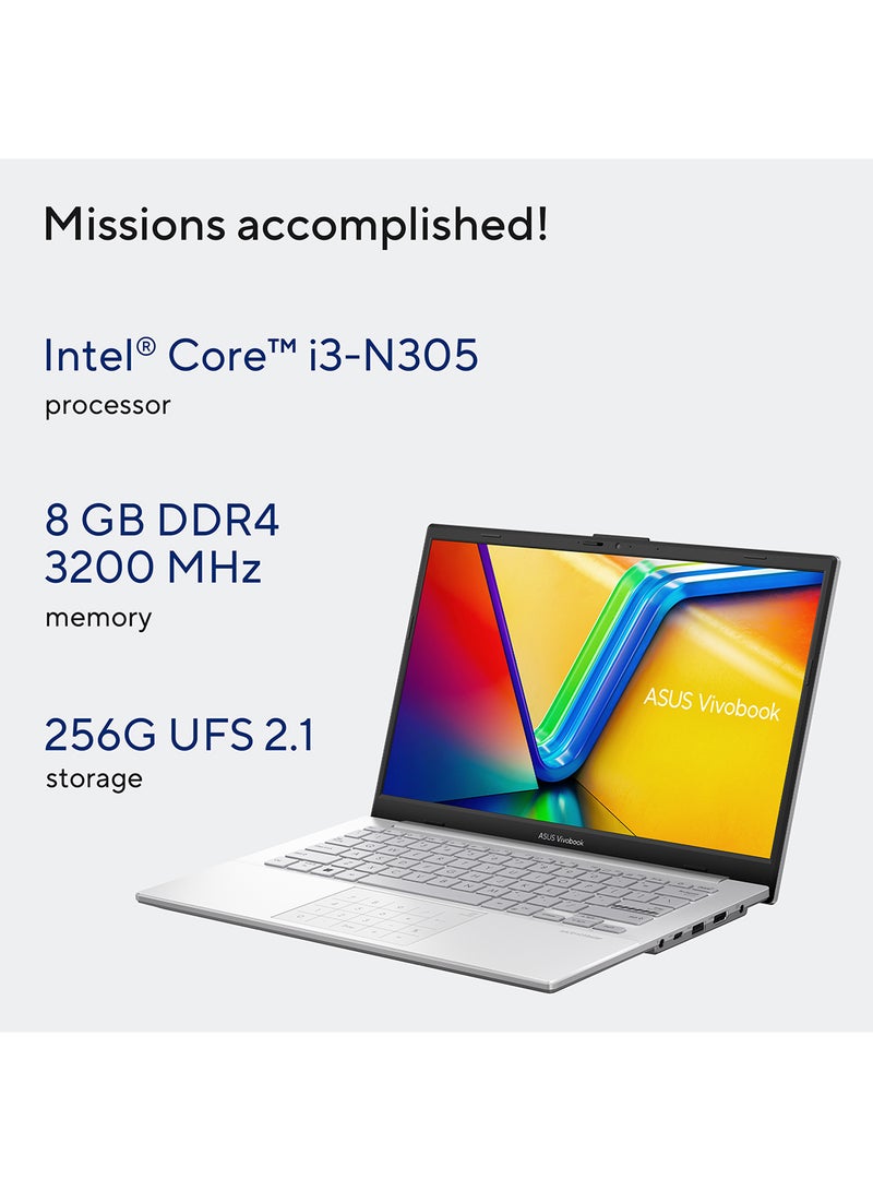 ASUS Vivobook Go 14 14-Inch Display, Core i3-N305 Processor/8GB RAM/256GB SSD/Intel UHD Graphics/Windows 11 English/Arabic Silver - Image 4