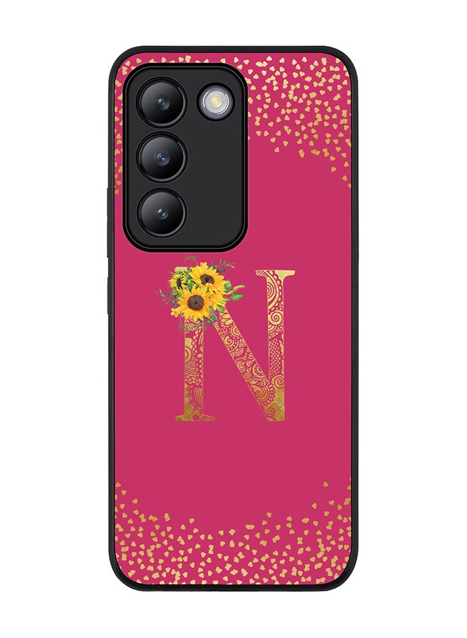 Stylizedd Rugged Black edge case for Vivo V30 Lite 5G, Cover Custom Monogram Initial Letter Mandala Floral Pattern Alphabet - N ( Deep Pink Rose ) - Image 1