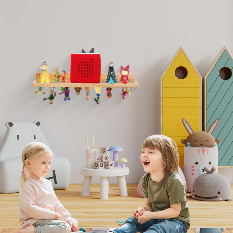 PHOENANCEE For Tonies Figures Shelf Magnetic,for Tonie Box Wall Shelves,for Tonies Characters Organizer Audio Toy Storage (Holds 36 Figurines),Compatible Charging Station for Children Kid's Room,Oak Wood - Image 3