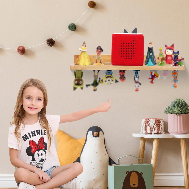 PHOENANCEE For Tonies Figures Shelf Magnetic,for Tonie Box Wall Shelves,for Tonies Characters Organizer Audio Toy Storage (Holds 36 Figurines),Compatible Charging Station for Children Kid's Room,Oak Wood - Image 2