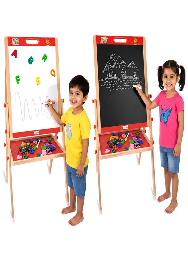WUDLY® 3-in-1 Wooden Easel Board for Kids – Double-Sided Chalkboard & Whiteboard with Magnetic Letters, Marker, Duster & Chalk, Learning Drawing & Writing Board for Children - Image 1