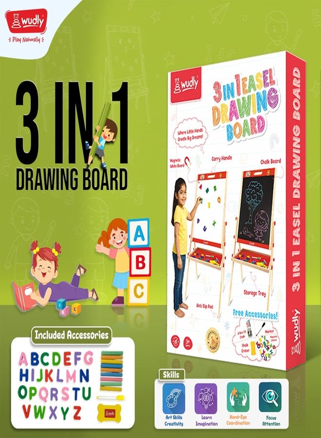 WUDLY® 3-in-1 Wooden Easel Board for Kids – Double-Sided Chalkboard & Whiteboard with Magnetic Letters, Marker, Duster & Chalk, Learning Drawing & Writing Board for Children - Image 3