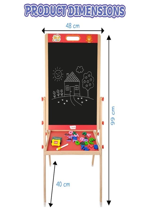 WUDLY® 3-in-1 Wooden Easel Board for Kids – Double-Sided Chalkboard & Whiteboard with Magnetic Letters, Marker, Duster & Chalk, Learning Drawing & Writing Board for Children - Image 2