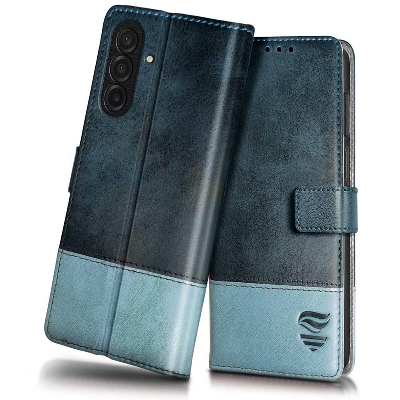 FLIPPED Vegan Leather Flip Case Back Cover for Samsung Galaxy M17 5G | A17 5G | F17 5G (Flexible, Shock Proof | Hand Stitched Leather Finish | Card Pockets Wallet & Stand | Blue with Aquamarine) - Image 1