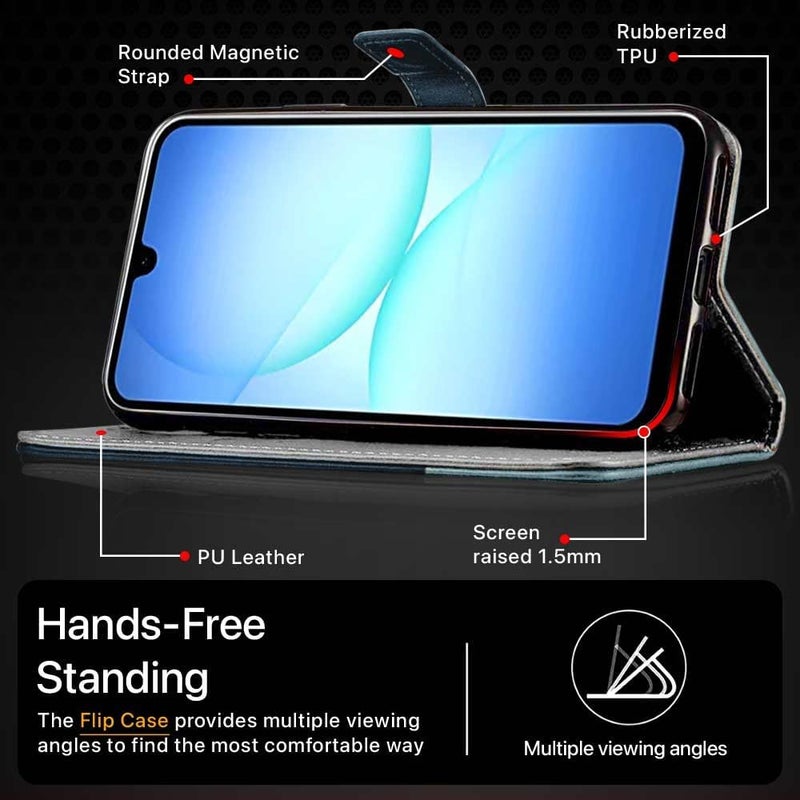 FLIPPED Vegan Leather Flip Case Back Cover for Samsung Galaxy M17 5G | A17 5G | F17 5G (Flexible, Shock Proof | Hand Stitched Leather Finish | Card Pockets Wallet & Stand | Blue with Aquamarine) - Image 5