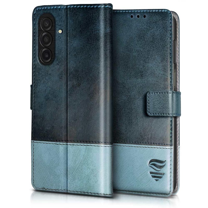 FLIPPED Vegan Leather Flip Case Back Cover for Samsung Galaxy M17 5G | A17 5G | F17 5G (Flexible, Shock Proof | Hand Stitched Leather Finish | Card Pockets Wallet & Stand | Blue with Aquamarine) - Image 2