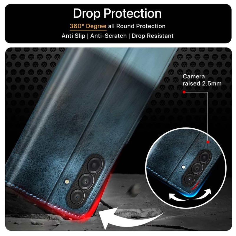 FLIPPED Vegan Leather Flip Case Back Cover for Samsung Galaxy M17 5G | A17 5G | F17 5G (Flexible, Shock Proof | Hand Stitched Leather Finish | Card Pockets Wallet & Stand | Blue with Aquamarine) - Image 4