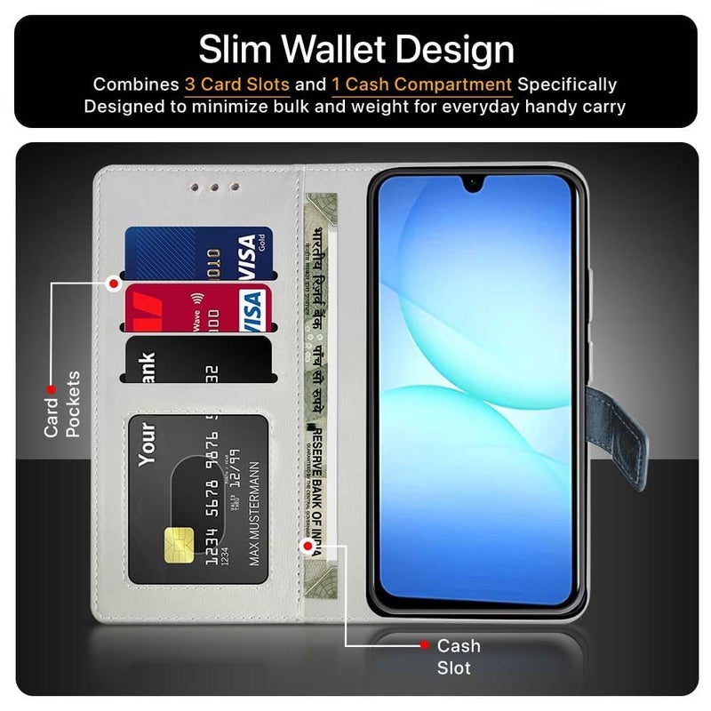 FLIPPED Vegan Leather Flip Case Back Cover for Samsung Galaxy M17 5G | A17 5G | F17 5G (Flexible, Shock Proof | Hand Stitched Leather Finish | Card Pockets Wallet & Stand | Blue with Aquamarine) - Image 3
