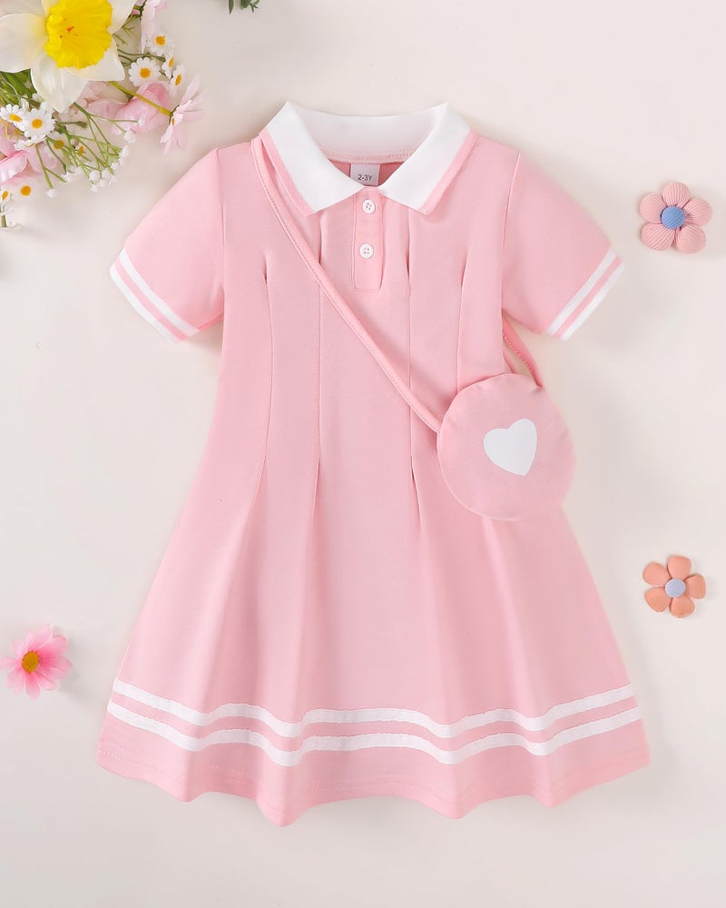 Renotemy 18 Months Toddler Girl Dress Summer Clothes Outfits 18-24 Months Girls Gifts Light Pink Sport Tennis Golf Short Sleeve Button Polo Dresses Cotton Back to School Uniform Dress Set with Bag - Image 4