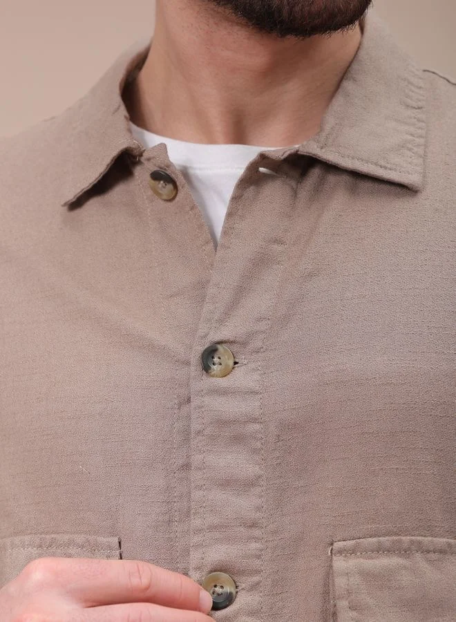 The Indian Garage Co Men Regular Fit Solid Full Sleeves Cutaway Collar Double Flap Pocket Resort Wear Over Shirt