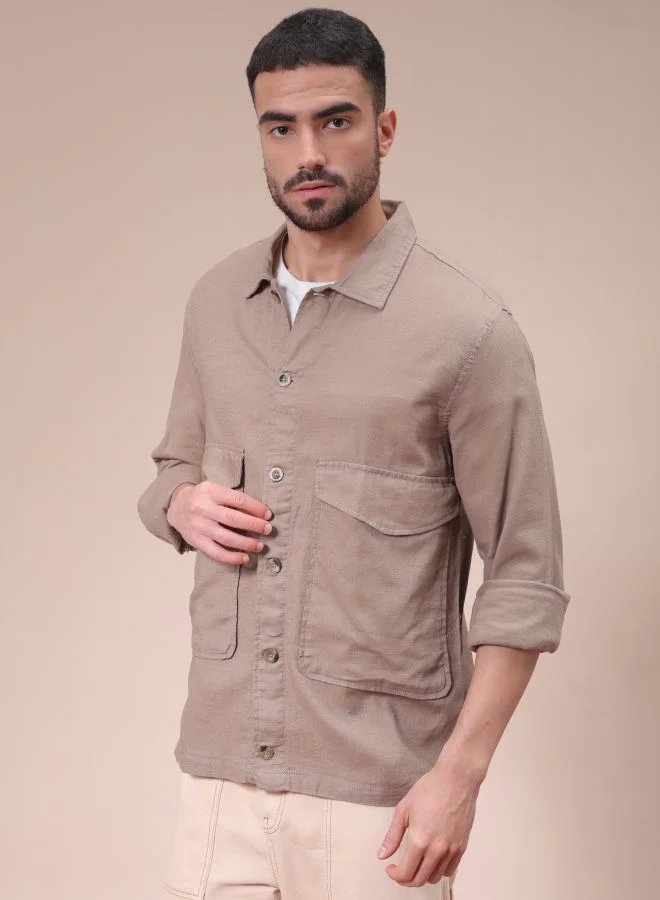 The Indian Garage Co Men Regular Fit Solid Full Sleeves Cutaway Collar Double Flap Pocket Resort Wear Over Shirt