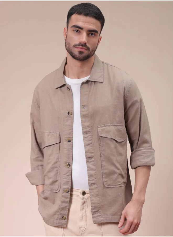 The Indian Garage Co Men Regular Fit Solid Full Sleeves Cutaway Collar Double Flap Pocket Resort Wear Over Shirt