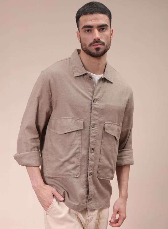 The Indian Garage Co Men Regular Fit Solid Full Sleeves Cutaway Collar Double Flap Pocket Resort Wear Over Shirt