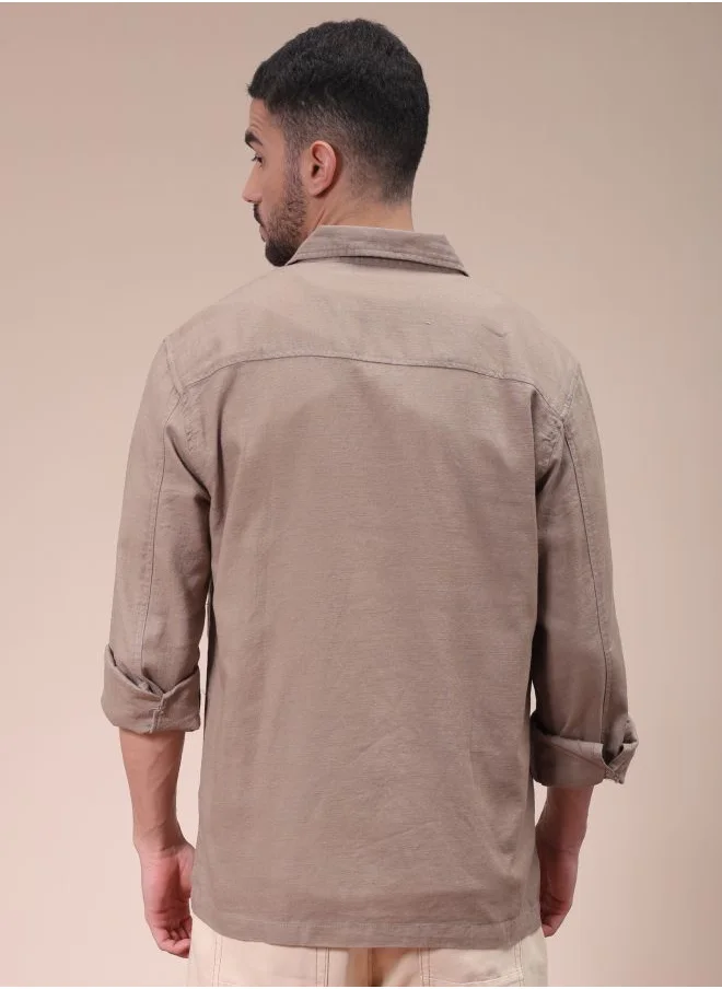 The Indian Garage Co Men Regular Fit Solid Full Sleeves Cutaway Collar Double Flap Pocket Resort Wear Over Shirt