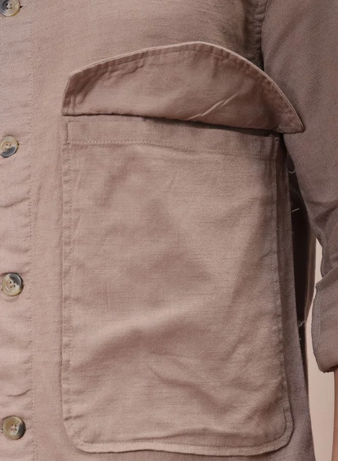 The Indian Garage Co Men Regular Fit Solid Full Sleeves Cutaway Collar Double Flap Pocket Resort Wear Over Shirt