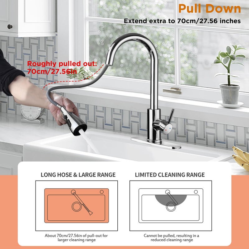 Oersitor Kitchen Faucet with Pull Down Sprayerï¼ŒStainless Steel Single Handle Kitchen Faucetï¼Œ1/3 Hole, Deck Plate Includedï¼ŒSuitable for farmhouses, Campers, Laundry Rooms, RVs, and Bars (Chrome) - Image 4