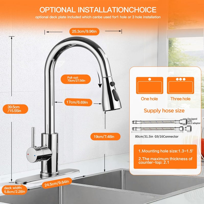 Oersitor Kitchen Faucet with Pull Down Sprayerï¼ŒStainless Steel Single Handle Kitchen Faucetï¼Œ1/3 Hole, Deck Plate Includedï¼ŒSuitable for farmhouses, Campers, Laundry Rooms, RVs, and Bars (Chrome) - Image 2
