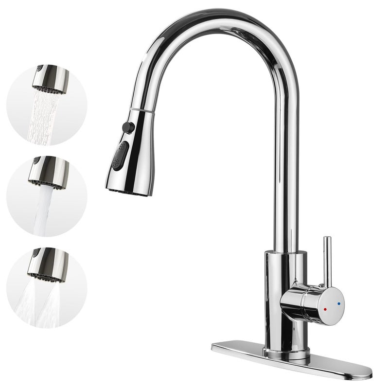 Oersitor Kitchen Faucet with Pull Down Sprayerï¼ŒStainless Steel Single Handle Kitchen Faucetï¼Œ1/3 Hole, Deck Plate Includedï¼ŒSuitable for farmhouses, Campers, Laundry Rooms, RVs, and Bars (Chrome) - Image 1