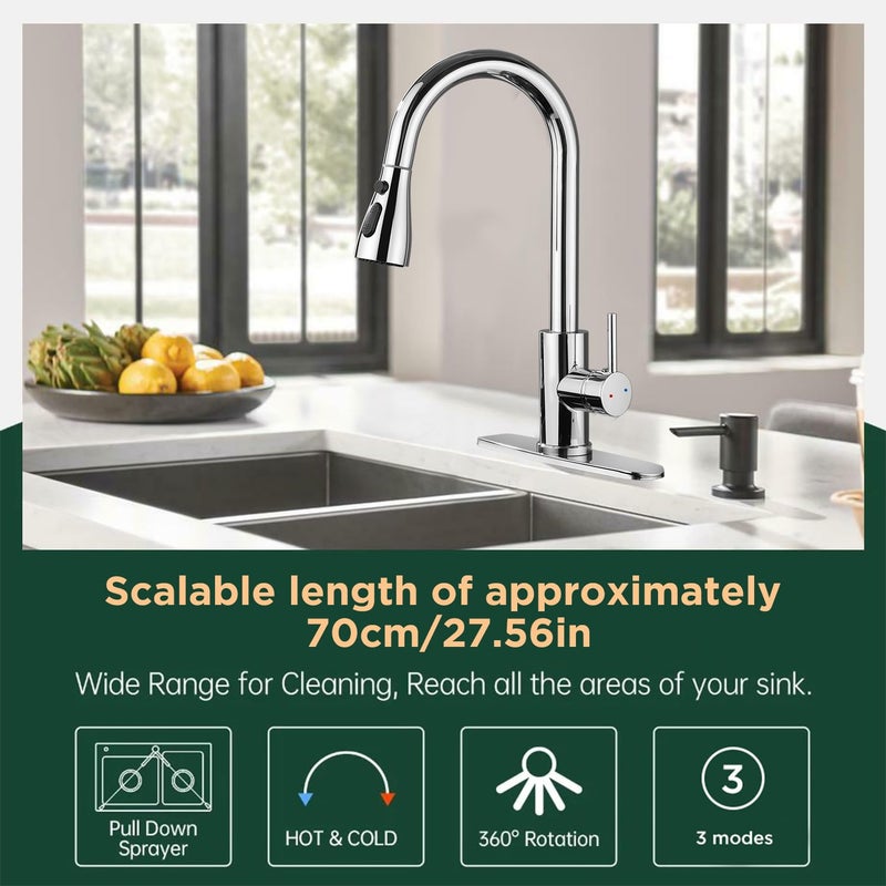 Oersitor Kitchen Faucet with Pull Down Sprayerï¼ŒStainless Steel Single Handle Kitchen Faucetï¼Œ1/3 Hole, Deck Plate Includedï¼ŒSuitable for farmhouses, Campers, Laundry Rooms, RVs, and Bars (Chrome) - Image 5