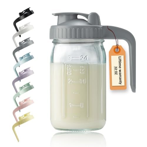 Miradexic 32oz Glass Pitcher with Lid & V-shaped Pour Spout - 1 Quart Breastmilk Pitcher Double Leak Proof, Creamer Container for Sun Tea, Juice, Cold Brew Coffee, Breastmilk Storage Container - Image 1
