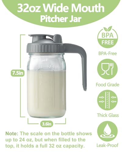 Miradexic 32oz Glass Pitcher with Lid & V-shaped Pour Spout - 1 Quart Breastmilk Pitcher Double Leak Proof, Creamer Container for Sun Tea, Juice, Cold Brew Coffee, Breastmilk Storage Container - Image 2
