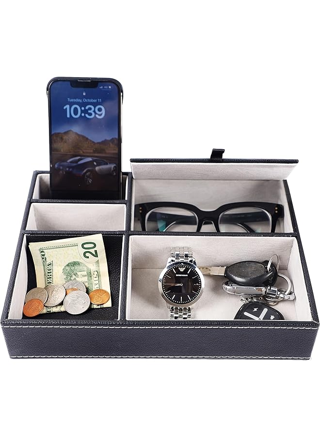 The Bros Men's Valet Tray, Jewelry Box Nightstand Organizer with 5 Compartments for Phone Keys Wallet Watch Glasses, For Father's Day Gift, For Men's Gift (1 Pack - Black)  - Image 1