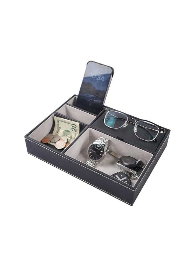 The Bros Men's Valet Tray, Jewelry Box Nightstand Organizer with 5 Compartments for Phone Keys Wallet Watch Glasses, For Father's Day Gift, For Men's Gift (1 Pack - Black)  - Image 3